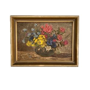 Vintage Moody Flowers Still Life original painting canvas board in frame